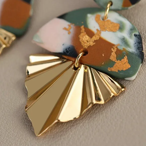 Boho Clay Abstract Gold Accent Fan Dangle Earrings - Picture 5 of 7